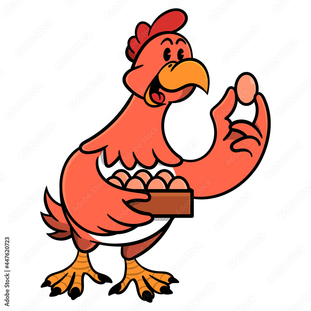 Cartoon illustration of A Hen peddling egg and carrying with container, best for mascot or logo of chicken farm product