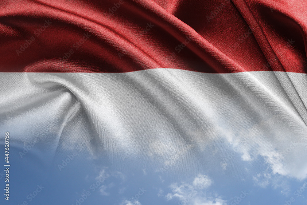 National flag of Indonesia with cloudy sky National flag of Indonesia with cloudy sky