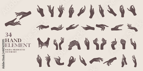 human hand element solid and silhouette vector illustration set. For decorative,logo,card,invitation vintage and boho style.