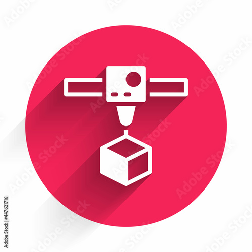 White 3D printer cube icon isolated with long shadow. 3d printing. Red circle button. Vector