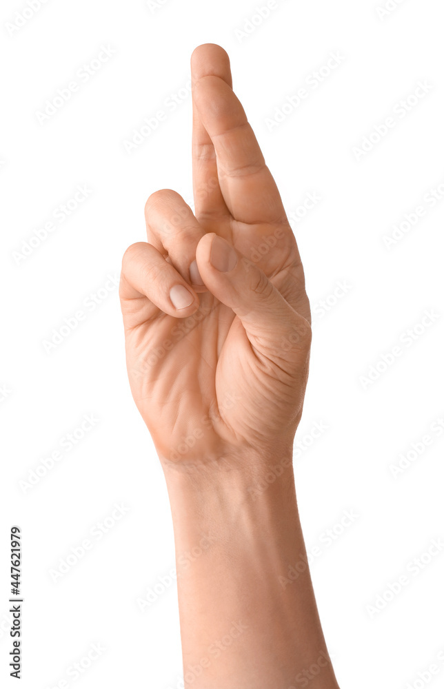 Man with crossed fingers on white background Man with crossed fingers on white background
