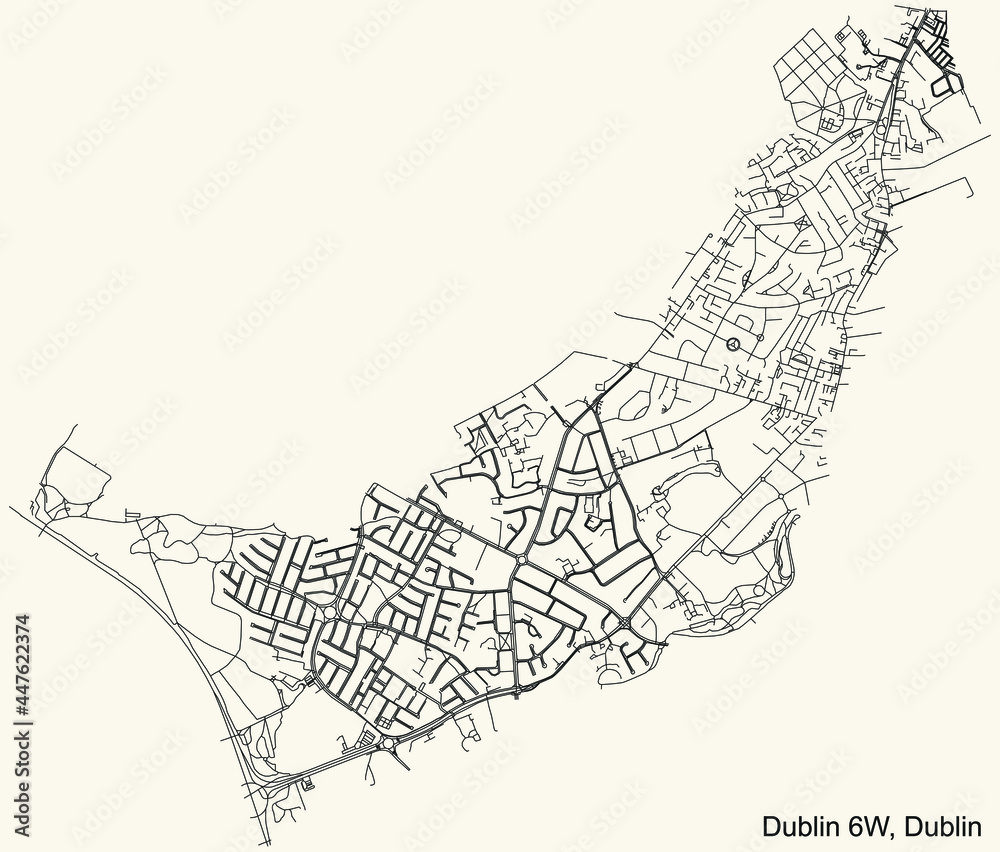 Fototapeta premium Black simple detailed street roads map on vintage beige background of the quarter Postal district 6W (D6W) of Dublin, Ireland