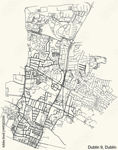 Black simple detailed street roads map on vintage beige background of the quarter Postal district 9 (D9) of Dublin, Ireland