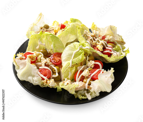 Tasty popcorn salad in lettuce wraps on white background