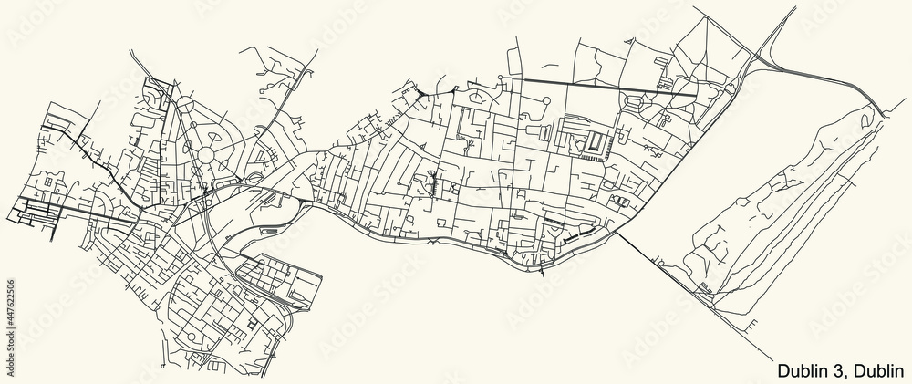 Black simple detailed street roads map on vintage beige background of the quarter Postal district 3 (D3) of Dublin, Ireland