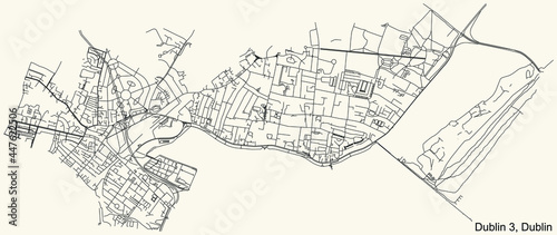 Black simple detailed street roads map on vintage beige background of the quarter Postal district 3 (D3) of Dublin, Ireland