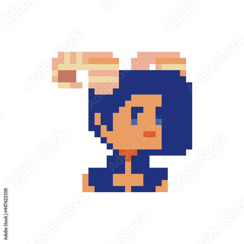 Beautiful girl character. Capricorn. Pixel art. Flat style. Female avatar, portrait, profile picture. Fashionable haircut. Hairdresser's logo. Game assets. 8-bit. Isolated vector illustration.