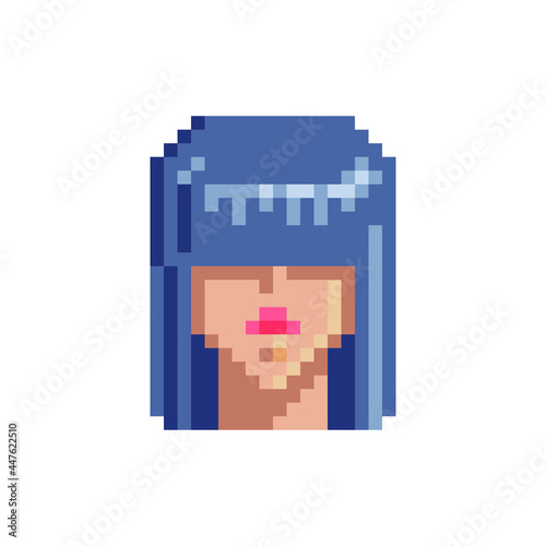 Beautiful young girl face female character. Pixel art. Flat style. Avatar, portrait, profile picture. Fashionable haircut. Hairdresser's logo. Game assets. 8-bit. Isolated vector illustration.