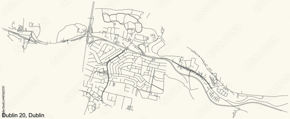 Black simple detailed street roads map on vintage beige background of the quarter Postal district 20 (D20) of Dublin, Ireland