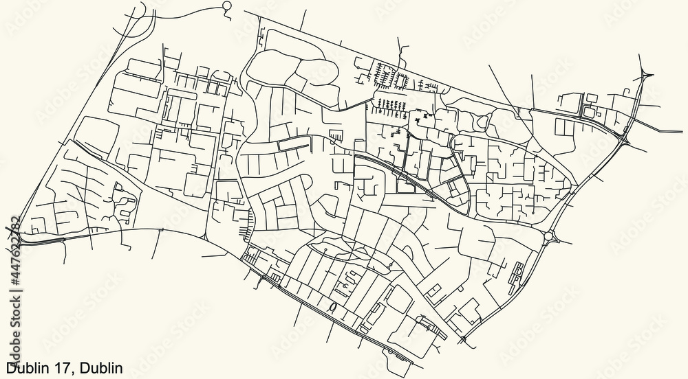 Black simple detailed street roads map on vintage beige background of the quarter Postal district 17 (D17) of Dublin, Ireland