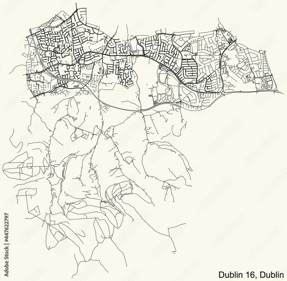 Black simple detailed street roads map on vintage beige background of the quarter Postal district 16 (D16) of Dublin, Ireland