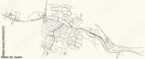 Black simple detailed street roads map on vintage beige background of the quarter Postal district 20 (D20) of Dublin, Ireland