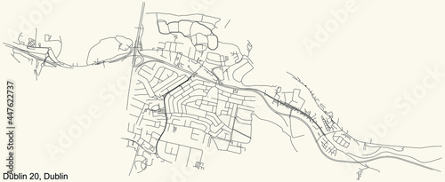 Black simple detailed street roads map on vintage beige background of the quarter Postal district 20  D20  of Dublin  Ireland