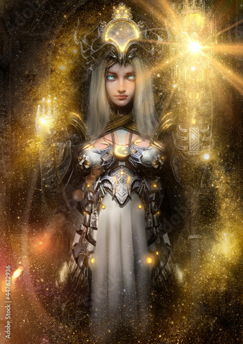 Canvas Print A charming priestess healer, with a cute face in plate armor, calls on the magic of stars and light to heal her allies, she is a pure virgin with blue eyes and white hair, holding a staff
