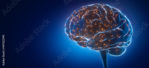 Medical illustration of human brain with with electric pulses 