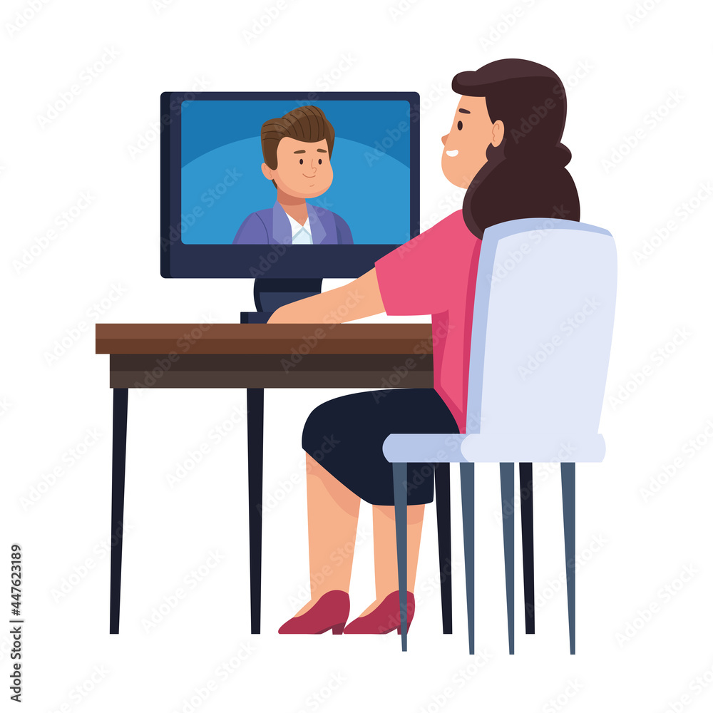Woman with computer in video chat Woman with computer in video chat