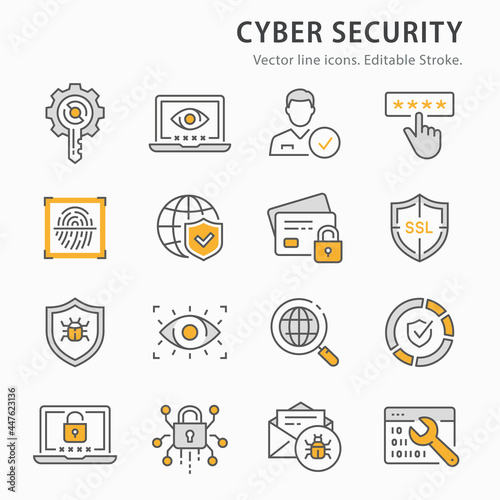 Cyber security icon set. Collection of data protection, email virus threat, digital key and more. Vector illustration. Editable Stroke.