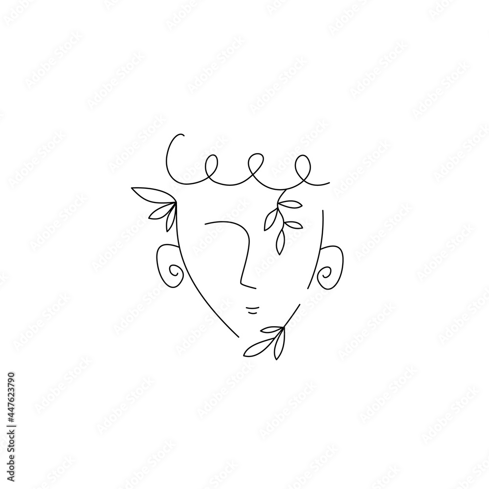 Vector outline illustration of abstract contour human face with leaves. Vector outline illustration of abstract contour human face with leaves.