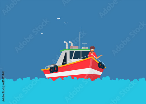 Obraz na plátne Vector concept of river ocean and sea fishing boat
