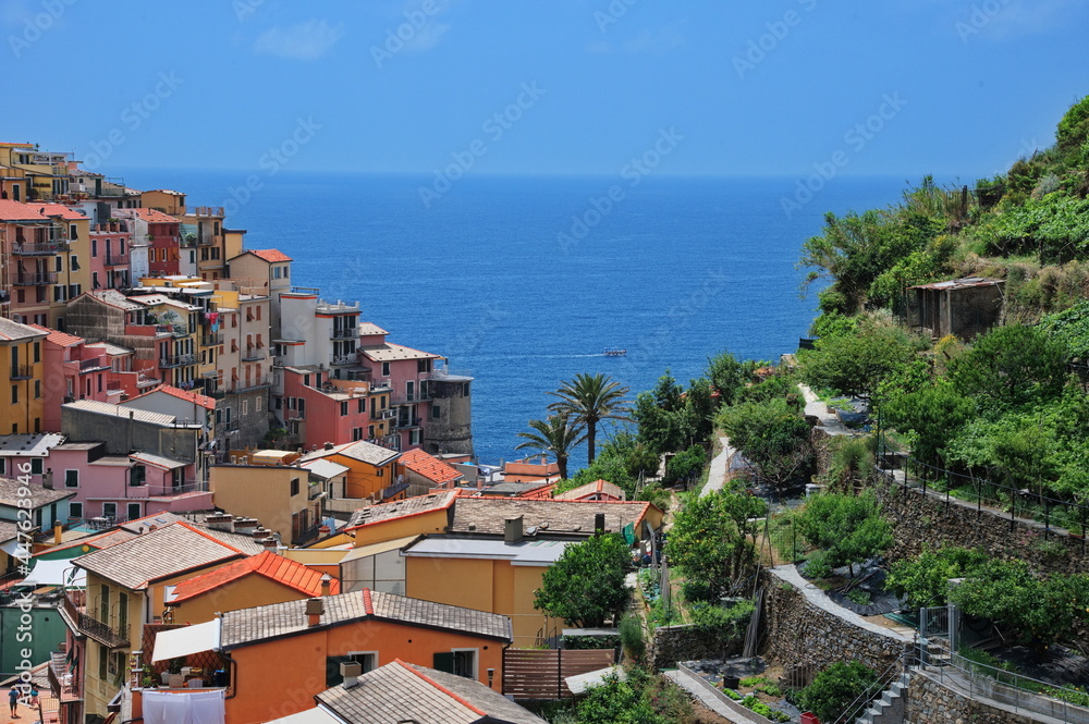 High angle view of scenic Mediterranean town - Manarola, Cinque Terre, Italy