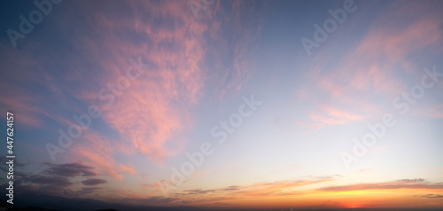 Sky background to replace, cloudy sunset, sunrise with rays, scenic clouds