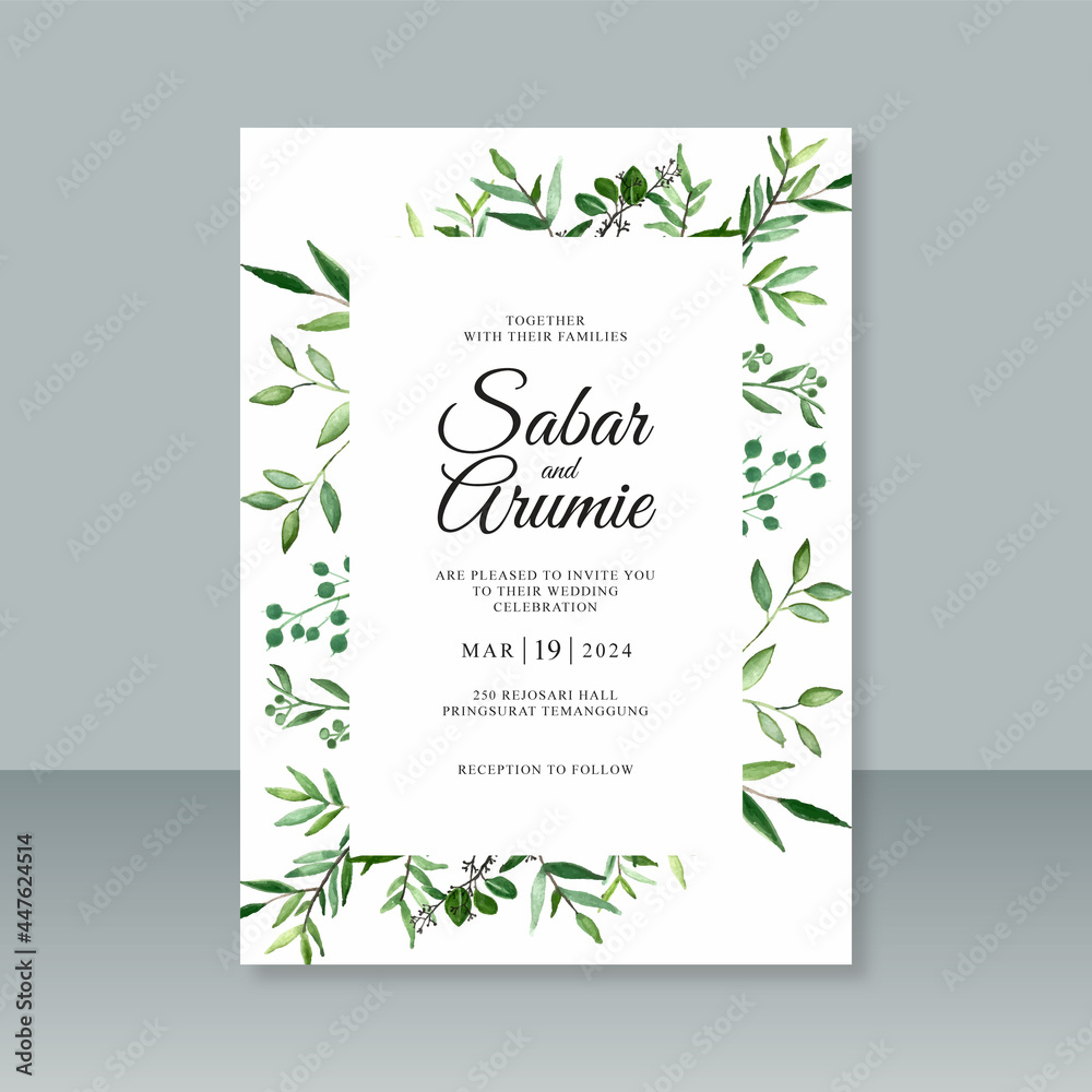 Wedding invitation card template with watercolor painting foliage