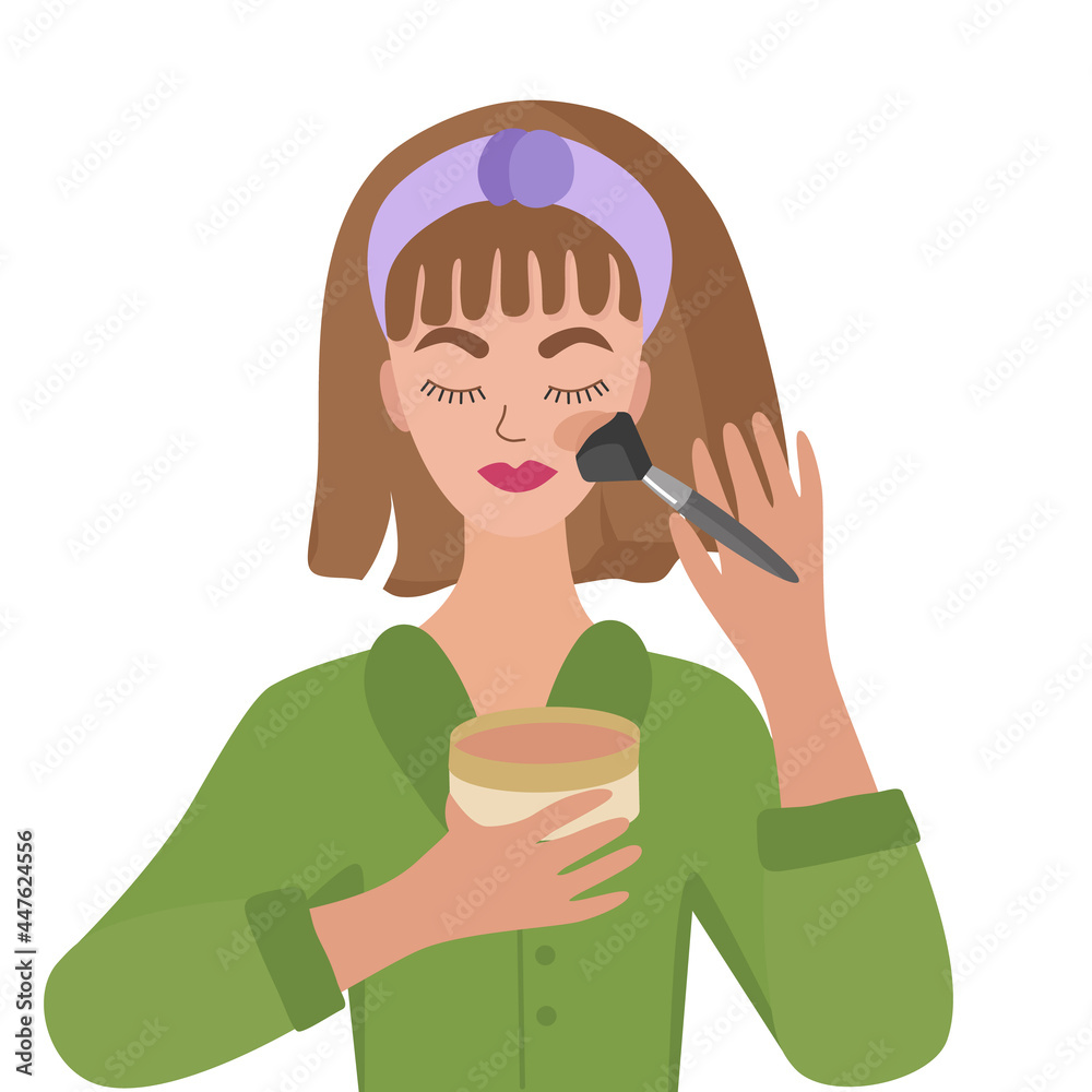 Girl puts makeup on her face with a brush. Clipart self-care. Vector illustration isolated. For design or decoration Girl puts makeup on her face with a brush. Clipart self-care. Vector illustration isolated. For design or decoration