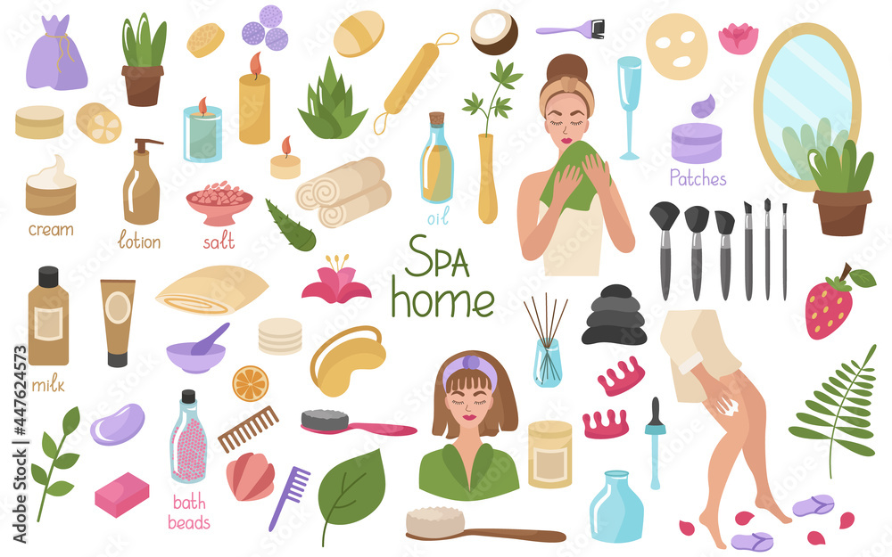 Home spa, a large set for face and body. Girls, towels, cosmetics, dried flowers, skin care cream. Candle, brush, oil, lotion in jars and tubes. Vector illustration isolated. Home spa, a large set for face and body. Girls, towels, cosmetics, dried flowers, skin care cream. Candle, brush, oil, lotion in jars and tubes. Vector illustration isolated.