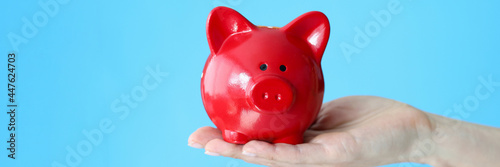 Female hand holding red piggy bank on blue background closeup