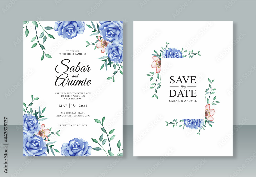 Beautiful wedding invitation template with blue roses watercolor painting