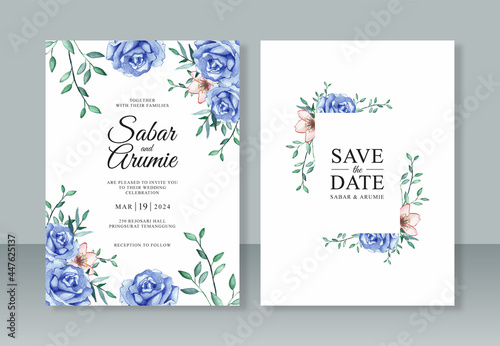 Beautiful wedding invitation template with blue roses watercolor painting © Arta