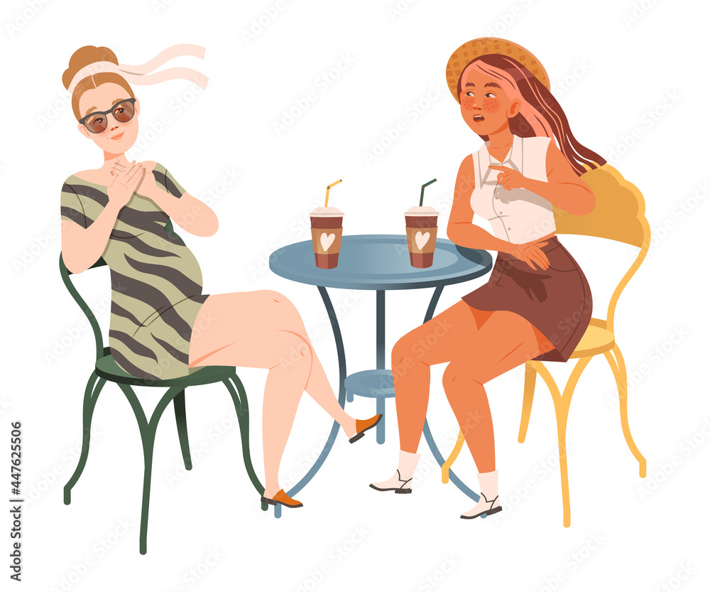 Female Friend Spending Time Together Sitting in Cafe, Drinking Coffee and Gossiping Vector Illustration Female Friend Spending Time Together Sitting in Cafe, Drinking Coffee and Gossiping Vector Illustration