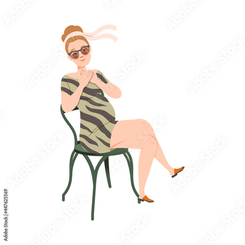 Pregnant Female Sitting on Chair in Cafe and Gossiping Vector Illustration