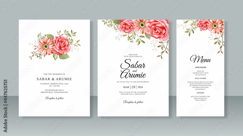 Set of minimalist wedding invitation card templates with watercolor flower painting