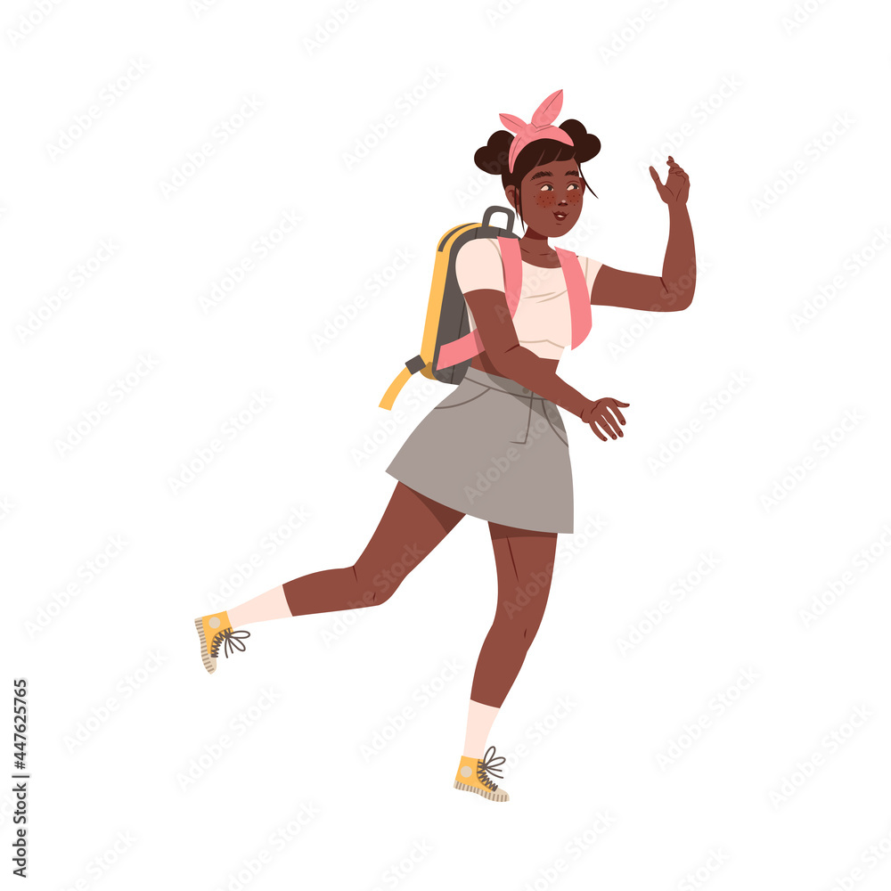 Smiling Girl Teenager with Hairband Running with Satchel Vector Illustration