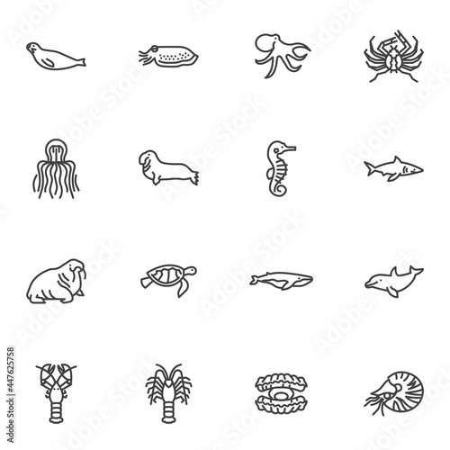 Marine animals line icons set