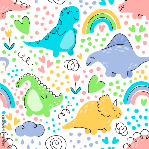 Seamless vector pattern. Cute dinosaurs, rainbows, hearts, flowers, curls and specks on a white background. 
