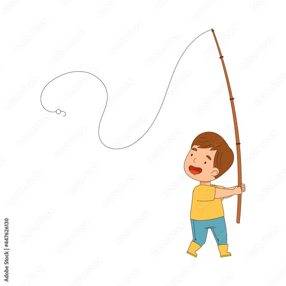 Little Boy in Rubber Boots Standing with Fishing Rod Catching Fish Vector Illustration Little Boy in Rubber Boots Standing with Fishing Rod Catching Fish Vector Illustration