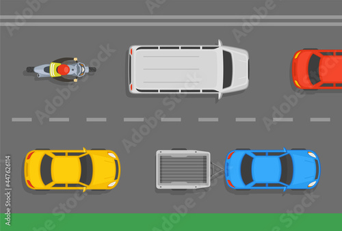Sedan cars with trailer, minivan and motorcycle rider on lanes. Asphalt city road top view. Flat vector illustration template.