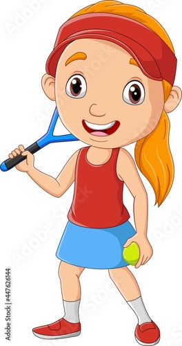 Cartoon little girl playing tennis