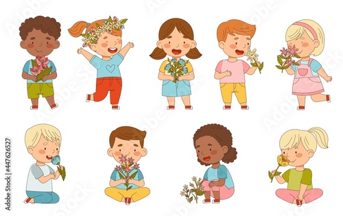 Preschool Children Holding Flower Smelling Aroma and Fragrance Vector Set