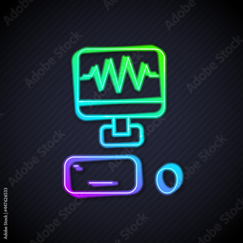 Glowing neon line Music sound recording studio control room with professional equipment icon isolated on black background. Vector