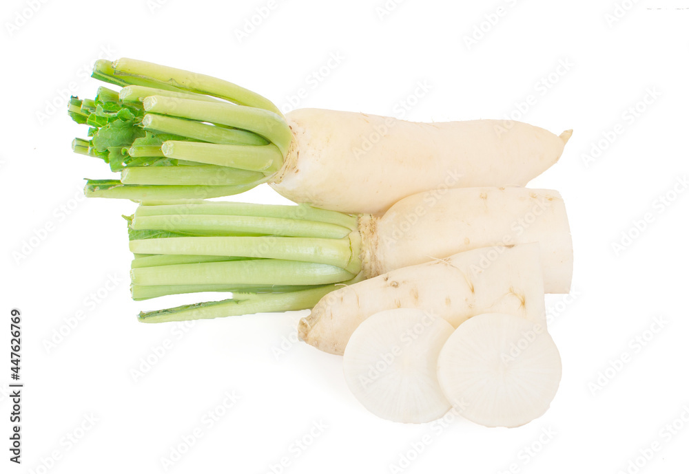 fresh white radish with slices isolated on white background fresh white radish with slices isolated on white background