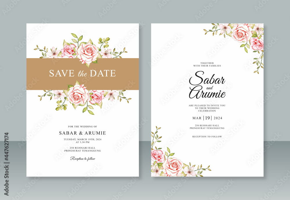 Beautiful wedding invitation template with floral watercolor painting