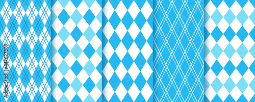Argyle seamless pattern. Lozenge blue diamond backgrounds. Vector illustration. Set rhombus plaid prints. Bavarian Oktoberfest textures. Modern geometric backdrops.