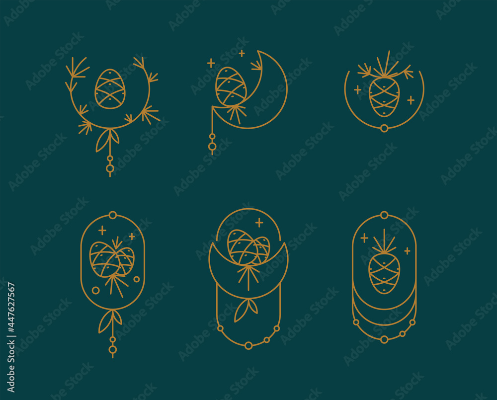 Fototapeta premium A set of gold logos of the bump with needles brands. Simple stylish natural emblems.