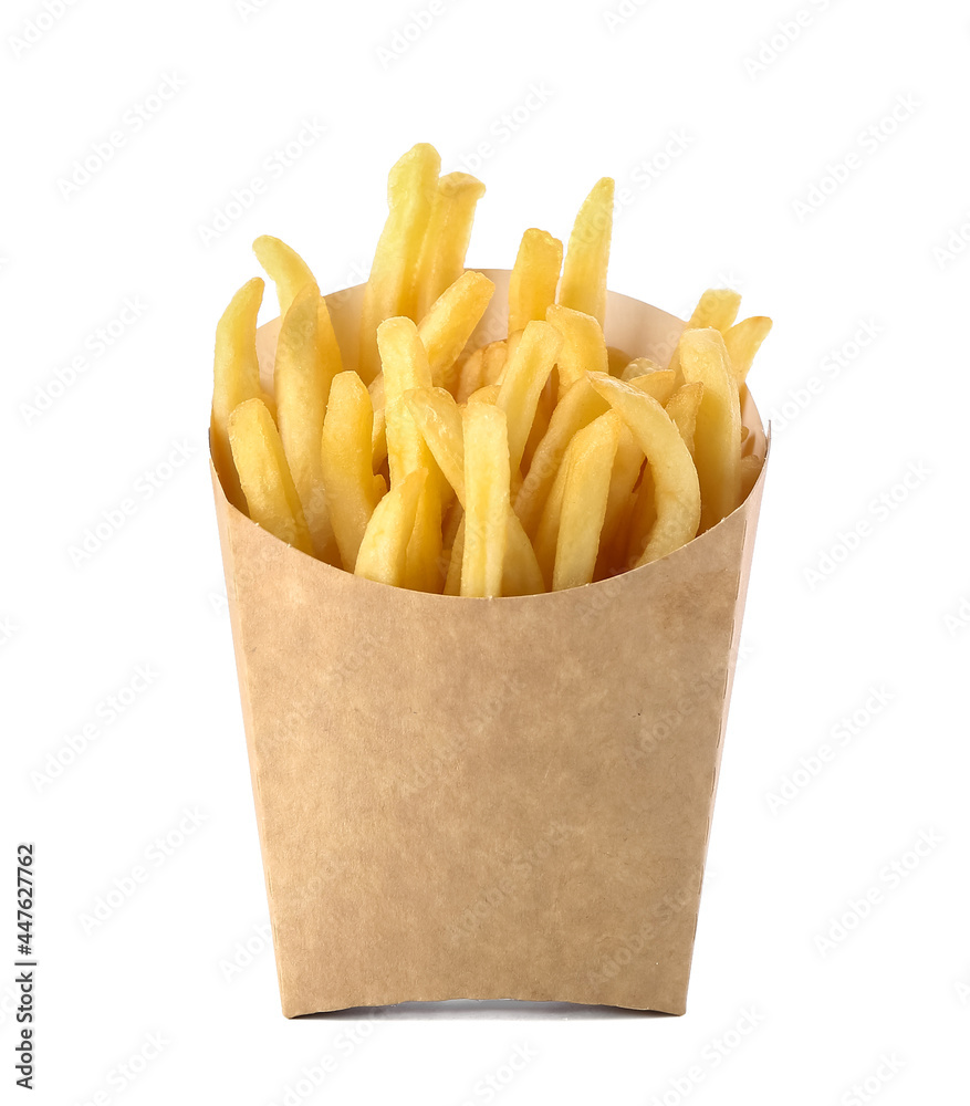 Paper bag with tasty french fries on white background Photos | Adobe Stock