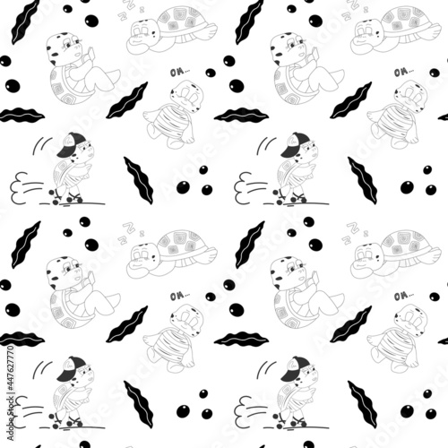 Black and white seamless pattern with cute characters of turtles on rollers, meditating, sleeping. Vector endless texture for childish design in cartoon hand drawn style