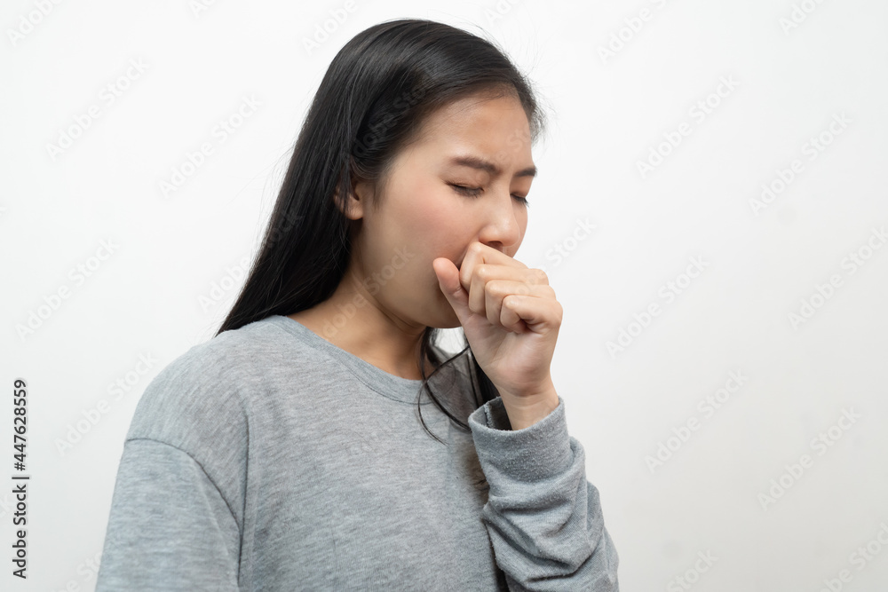 Asian woman coughing isolated on white background Asian woman coughing isolated on white background