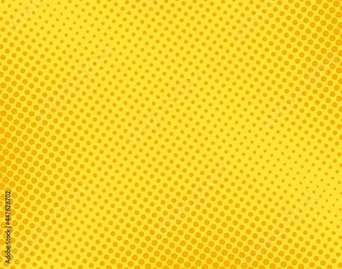 Pop art comic pattern. Halftone dotted background with points. Yellow texture with circles. Cartoon vintage print. Superhero funny backdrop. Geometric duotone banner. Vector illustration.